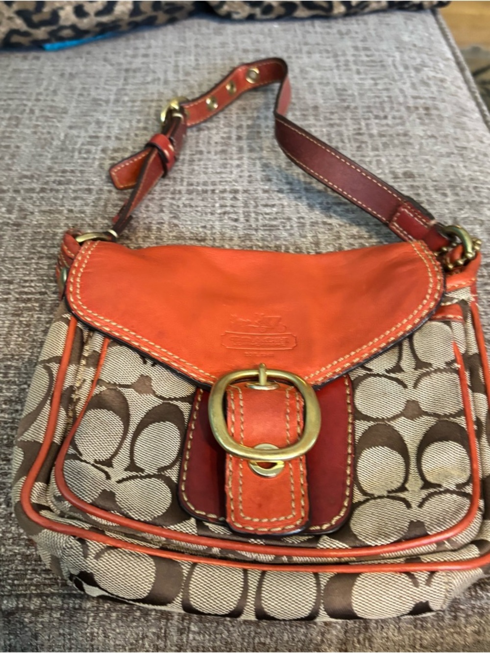 Coach Signature Canvas Shoulder Bag with Orange Leather Trim